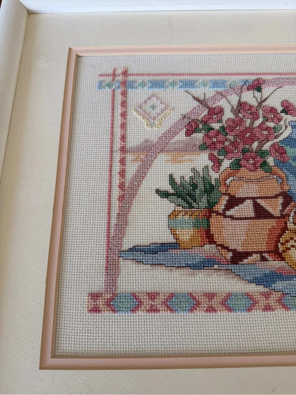 Framed Cross-Stitch Still Life with Vases and Flowers - Multicolor